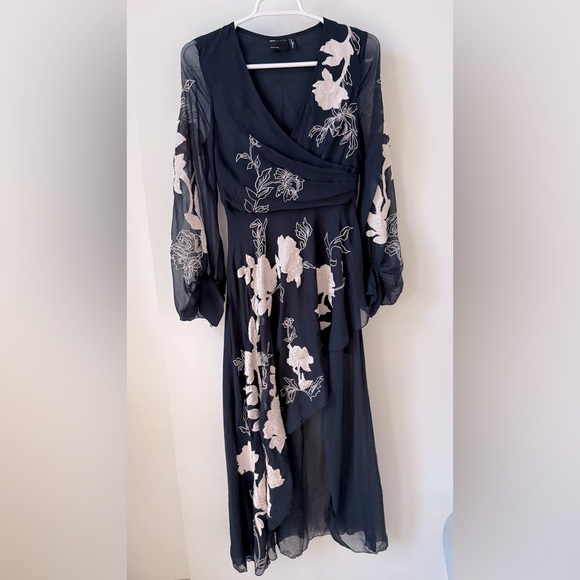 ASOS Design Elegant Navy Blue Floral Embroidered High Low Maxi Dress - Picture 5 of 16